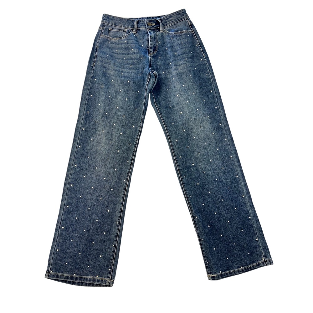 Express Womens Size 4 Rhinestone Embellished Straight Leg High Rise Jeans Blue